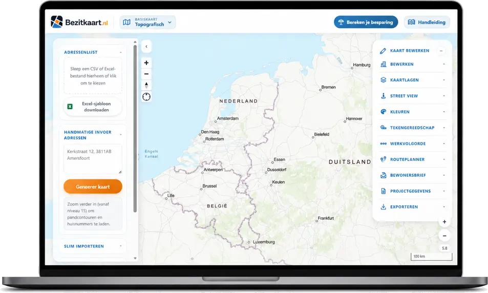 BezitKaart op een laptop: de kaart van Nederland met adressenlijst en gereedschap