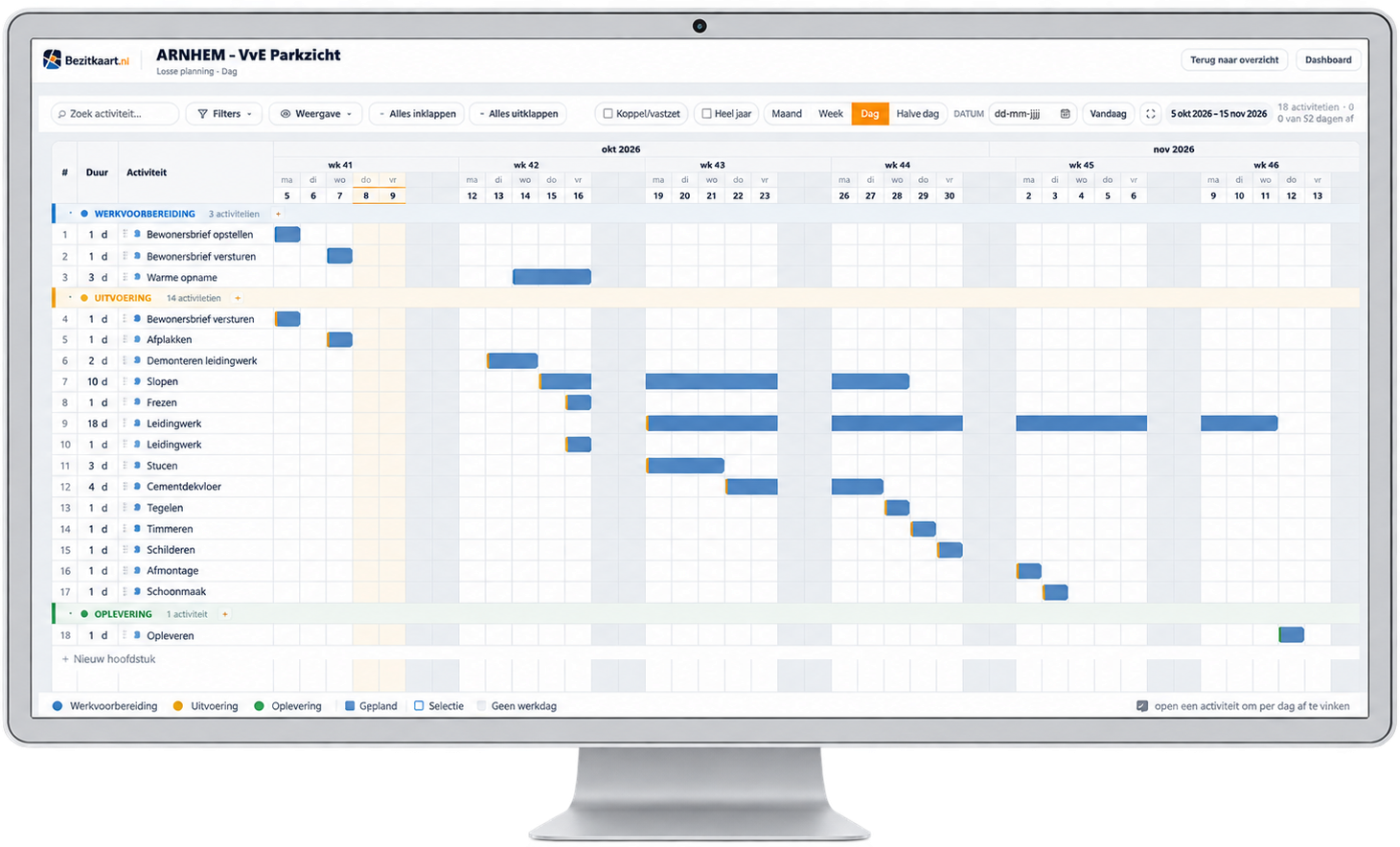 Planningsmodule van BezitKaart: gantt-planning per fase met werkvoorbereiding, uitvoering en oplevering